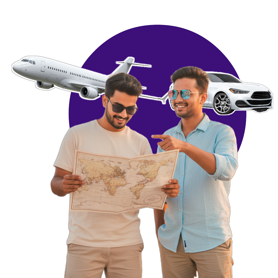 Happy travelers planning their journey